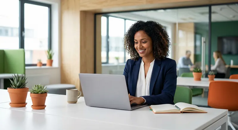 Professional woman engaged with LinkedIn content on laptop in modern office setting