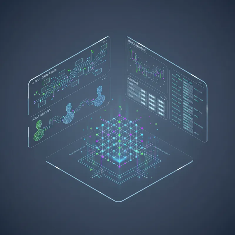 Close up illustration of an access control dashboard showing agent permissions and audit logs