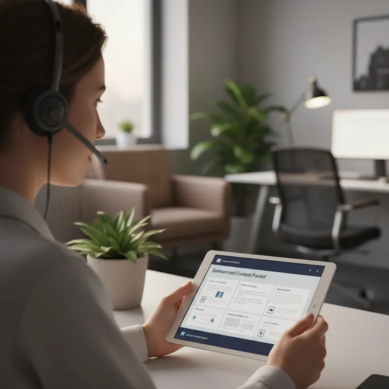 Human agent reviewing an AI generated context packet before escalation