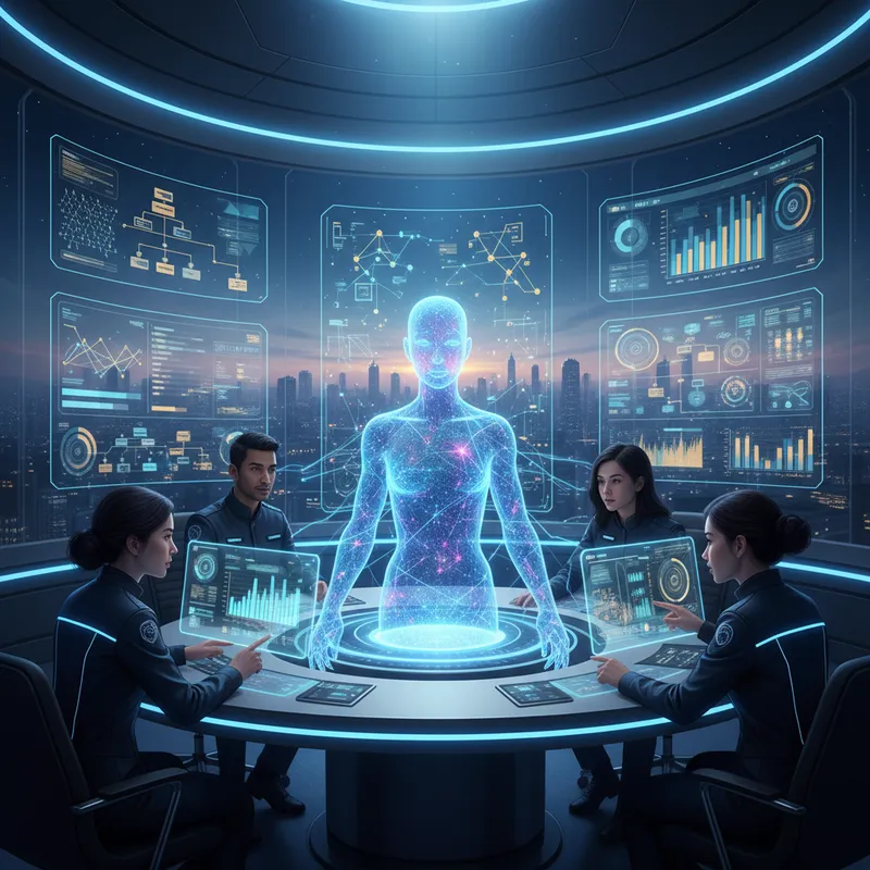 Collaborative AI agent and human team working at a futuristic operations center