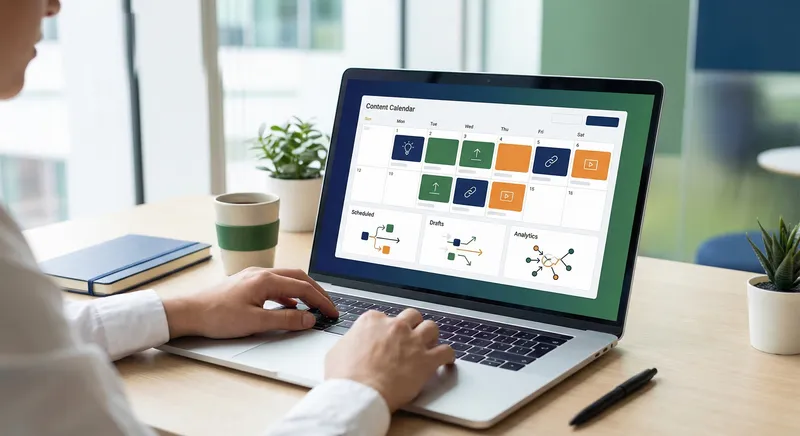 A marketing professional using a laptop to organize and schedule LinkedIn content from a presentation, with a content calendar visible on screen showing multiple post variations and scheduling timeline. Bright, modern workspace with green and navy color accents, organized digital dashboard aesthetic. Efficient, productive, and streamlined workflow mood.