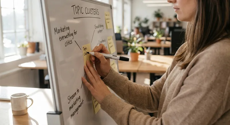 Professional at desk mapping topic clusters