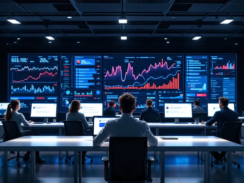 Create an image that shows a customer service center featuring large screens with graphs, AI icons, and chat windows in the background, emphasizing technology-driven support operations