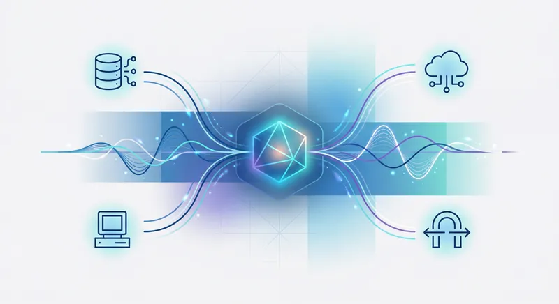 Autonomous agent connected to multiple enterprise systems through event streams and APIs, with flowing data connections and real-time indicators