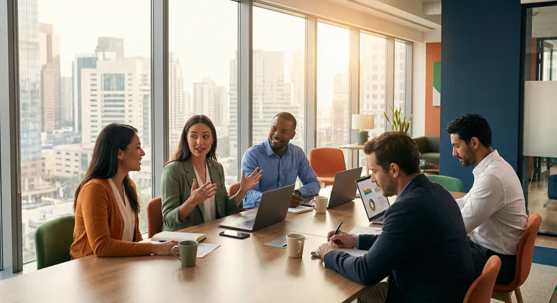 Professional diverse network of advisors in a modern office setting, showing people of different backgrounds collaborating around a table with laptops and notes, warm lighting, collaborative atmosphere