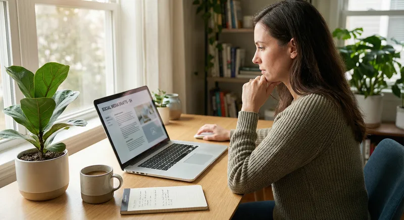 Professional content manager reviewing draft posts on a laptop