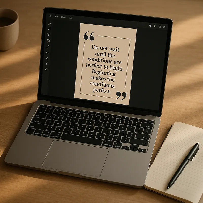 A freelancer workspace with a laptop showing a vertical quote card template in a design application, a notebook with a pen, soft natural light from the left, warm cozy mood, flat lay composition, realistic photo style, no visible logos, minimal desk clutter, creative professional vibe