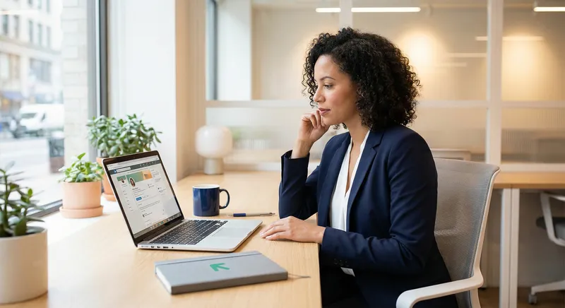 Professional woman reviewing LinkedIn profile on laptop in modern office setting