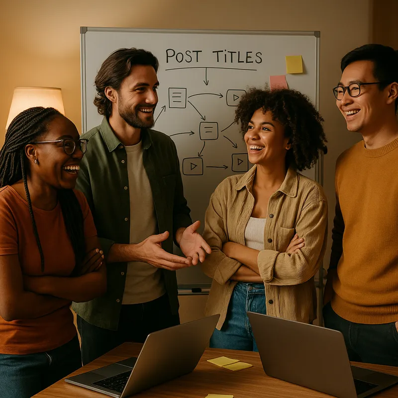 A diverse marketing team standing around a whiteboard filled with post titles and arrows connecting formats, sticky notes and laptops on a table, mood energetic and collaborative, warm office lighting, medium wide shot, photographic style, no text or logos