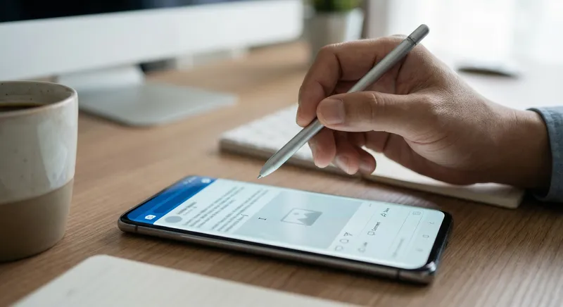 Close up of a mobile screen showing a drafted professional social post being edited