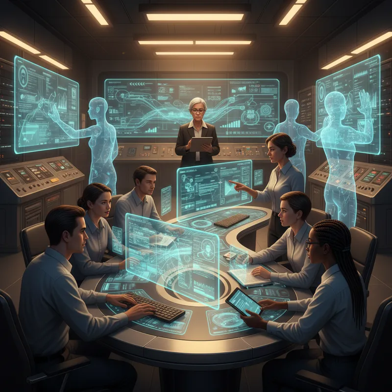 Illustration of a modern control room showing diverse human operators working alongside holographic agent interfaces. Composition shows a central table with screens projecting agent recommendations, humans pointing at displays, and a supervisor reviewing a tablet. Mood is focused and collaborative, warm studio lighting, realistic illustration style, high detail, no text or logos