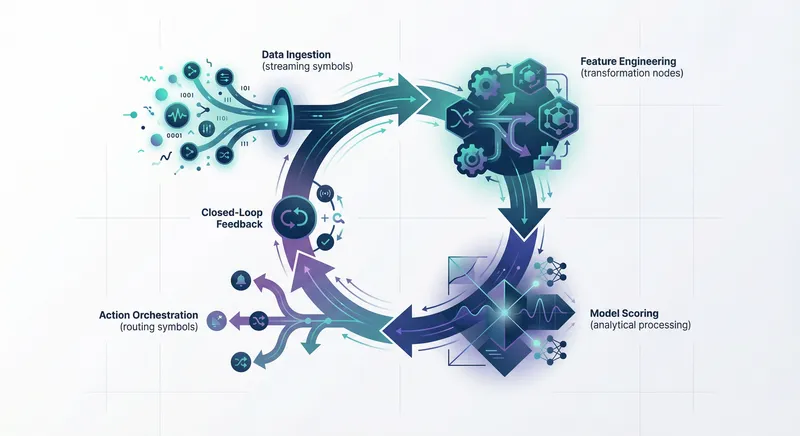 Abstract illustration of interconnected data nodes flowing through a circular loop, with arrows indicating bidirectional feedback and continuous refinement. Nodes show data ingestion on the left transitioning through analysis in the center to action output on the right, with a feedback arrow completing the circle. Color palette uses teal and deep blue with gradient transitions.