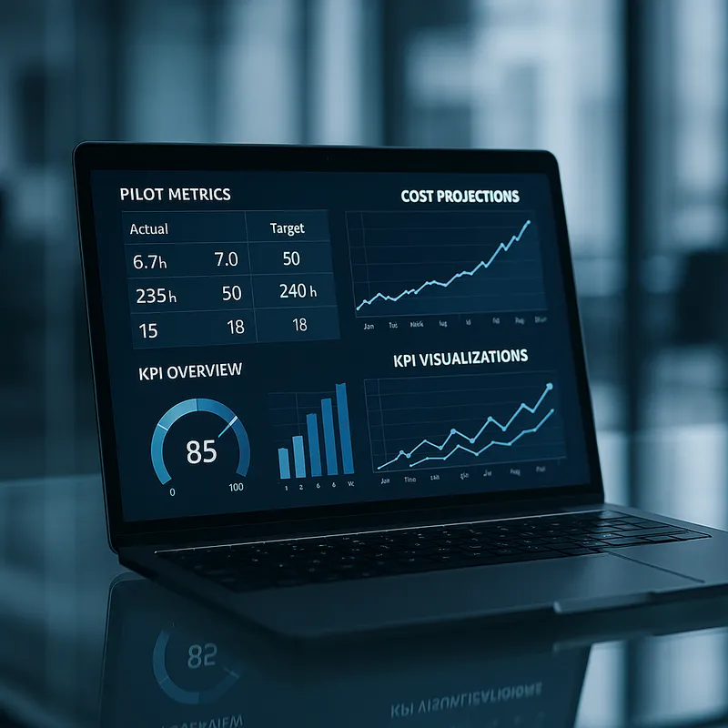 Photo of a laptop on a glass desk displaying a dashboard with pilot metrics, cost projections, and KPI visualizations. Composition focuses on the screen with a blurred office background. Mood is analytical and forward looking. Cool lighting with high contrast, realistic photo style, no logos or watermarks