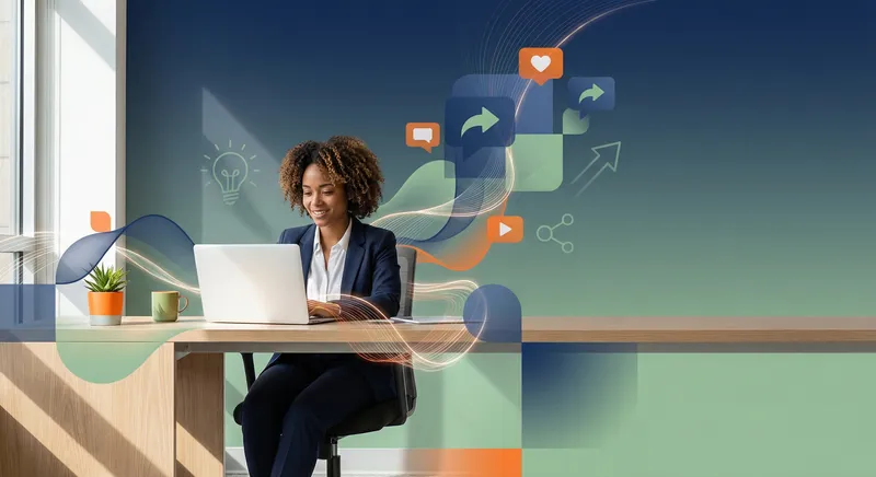 Professional working at desk with laptop, surrounded by abstract visualization of ideas flowing into content posts, modern office environment with natural light, dynamic composition showing transformation and growth, clean and organized workspace, professional yet creative atmosphere