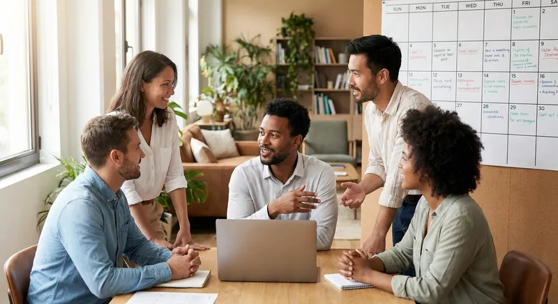 Team ideation session around a digital calendar