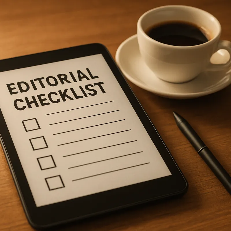 A close up photo of an editorial checklist displayed on a tablet screen beside a cup of coffee and a pen on a wooden desk, soft natural light, shallow depth of field, warm and focused mood, photo-realistic style, no logos or text