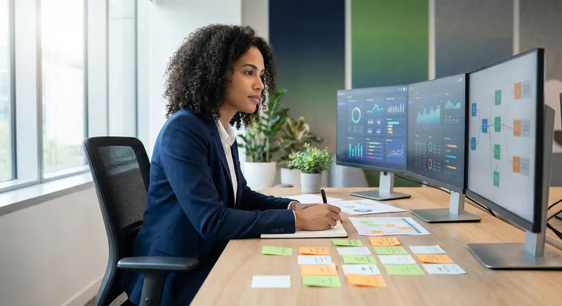 Content strategist reviewing analytics with colorful charts and notes on desk