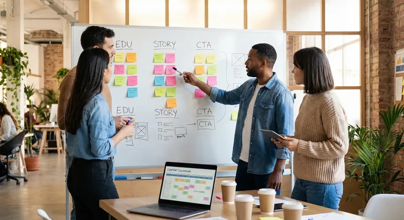 Team collaborating around a whiteboard with content categories