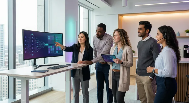 Diverse team of professionals from different departments collaborating around a digital interface displaying interconnected workflow nodes, modern office setting with warm lighting and tech elements