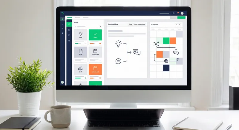 Professional using AI-powered content creation tool on laptop with multiple post drafts visible