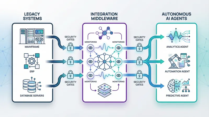 Enterprise system architecture diagram showing legacy systems connected through integration layers to autonomous AI agents, with data flow arrows and security checkpoints