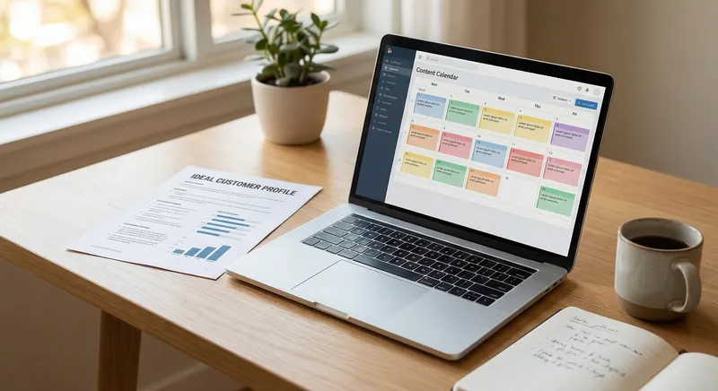 Professional content planning workspace with AI assistant