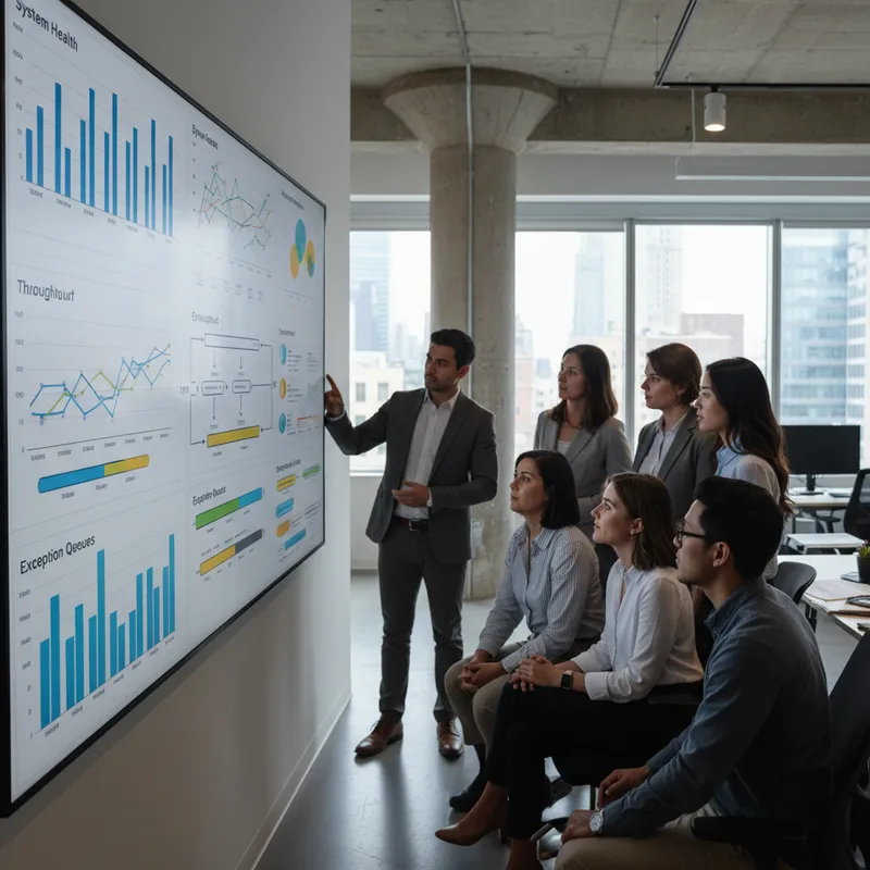 Photo of a team reviewing an automation dashboard in a modern conference room