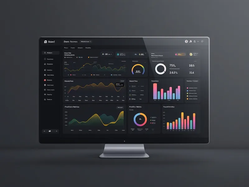 A sleek, modern dashboard interface displaying real-time data analytics, workflow performance charts, and predictive metrics, all presented in a professional style with clean lines and a high-tech feel