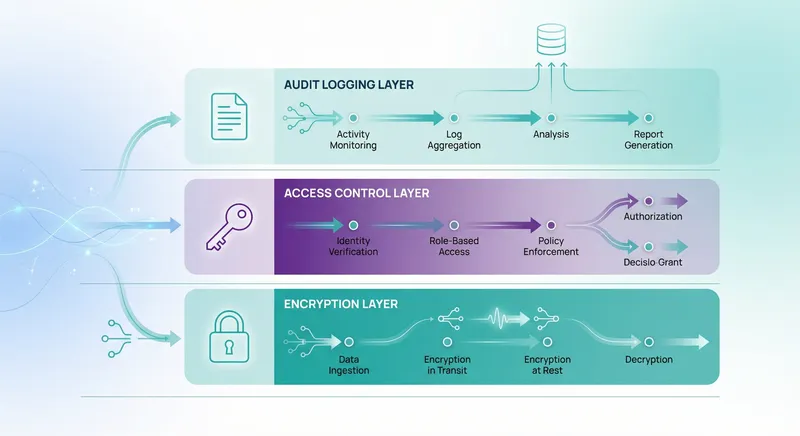 Layered security architecture diagram showing data flowing through encryption, access control, and audit logging layers with color-coded security zones