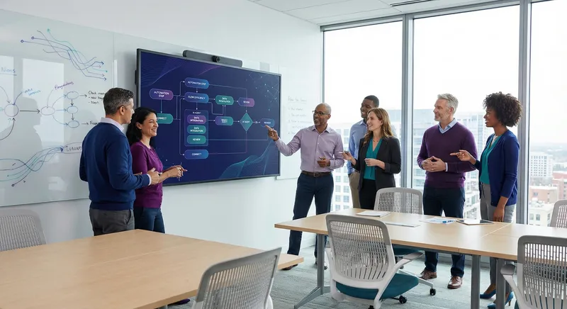 A cross-functional team collaborating in a modern conference room, reviewing workflow diagrams and metrics on a wall display