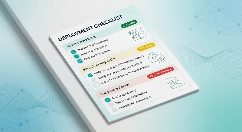 Checklist interface showing security validation steps with completion indicators and compliance status badges
