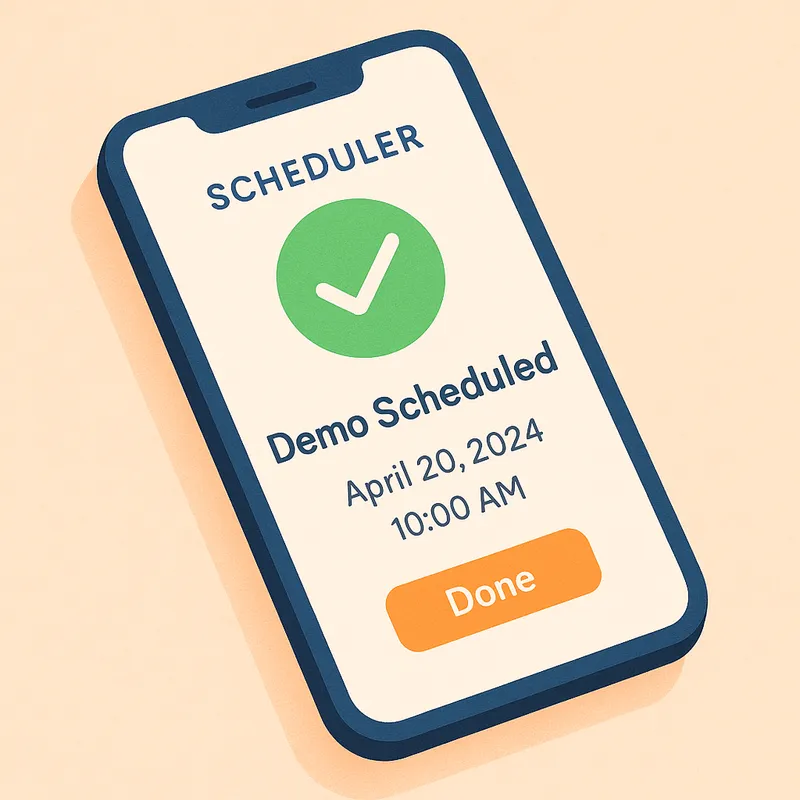 Illustration of a mobile phone screen showing a scheduler confirmation for a demo, clean UI design, bright friendly color palette, clear checkmark icon, minimal style, soft shadows, top-down perspective, modern flat illustration