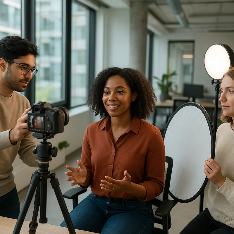 A diverse small team filming short videos in a modern office studio, one person speaking to a camera while another holds a reflector, bright natural window light mixed with soft fill lights, shallow depth of field, candid documentary photo style, professional but relaxed mood