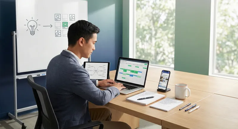 Professional creating and planning content on multiple devices