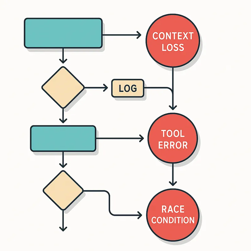Illustration of a technical diagnostic flowchart for multi step agent workflows showing decision nodes, logs, and error types, with labeled paths for context loss, tool errors, and race conditions. The scene is a clean, modern vector infographic on a white background. Composition focuses on clarity and legibility, with soft shadow for depth. Lighting is flat and even. Style is professional technical illustration, high resolution, no text overlays or logos