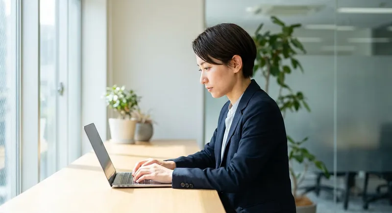 Close up of a person drafting content on a laptop at a standing desk