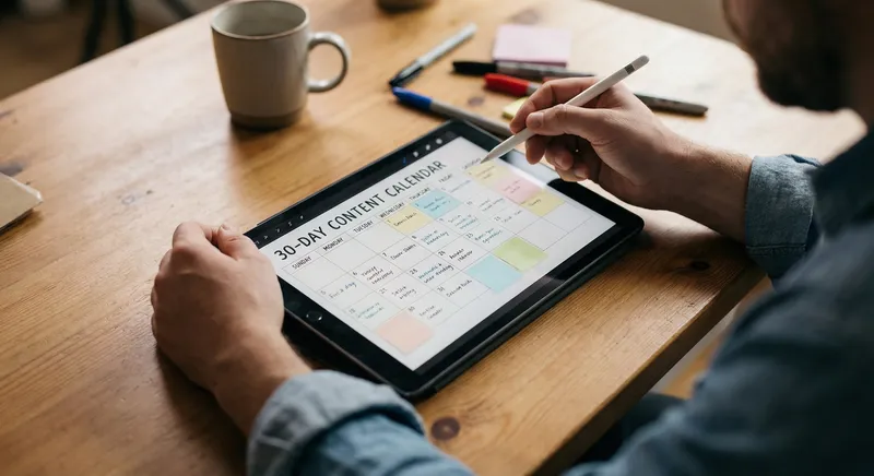 Founder reviewing a month of content on a tablet