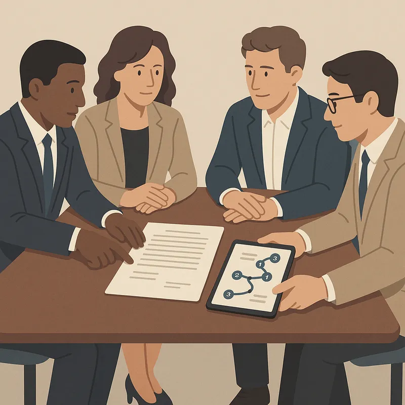 Illustration of an enterprise procurement team and a vendor representative sitting across a conference table, reviewing contract terms and a roadmap on a tablet. Composition centered on hands and documents to evoke negotiation. Mood is professional and collaborative. Soft studio lighting, flat color palette, modern vector illustration style, no logos or text