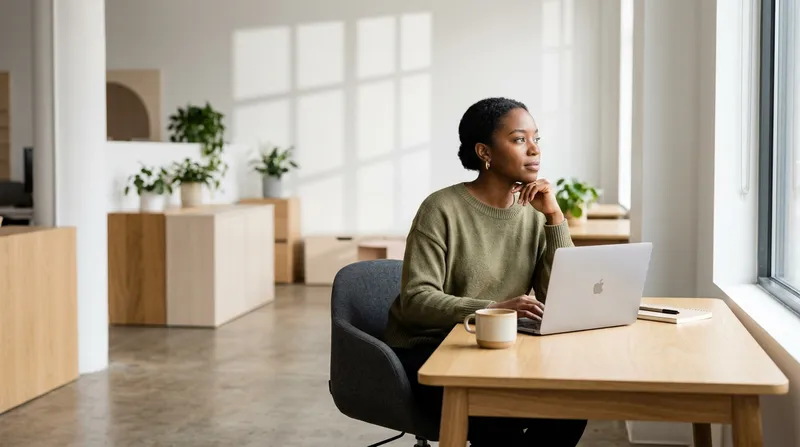 A wide-angle, editorial photograph of a diverse, modern professional sitting at a minimalist wooden desk in a sun-drenched, airy workspace with ample white space. The subject is captured in a moment of quiet focus, looking thoughtfully away from their laptop screen toward a large window, symbolizing the transition from deep thinking to digital creation. The lighting is soft and natural, emphasizing a warm, professional atmosphere without any futuristic tech, while subtle geometric shadows on the wall hint at a structured, grid-based modular system. The composition uses a shallow depth of field with an 85mm lens, focusing on the human element of authority while blurring the background into clean, organized blocks of neutral color.