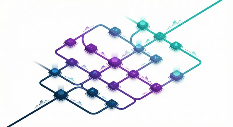 Abstract network diagram showing interconnected nodes and flowing data pathways with gradient colors from blue to teal, representing event-driven automation architecture