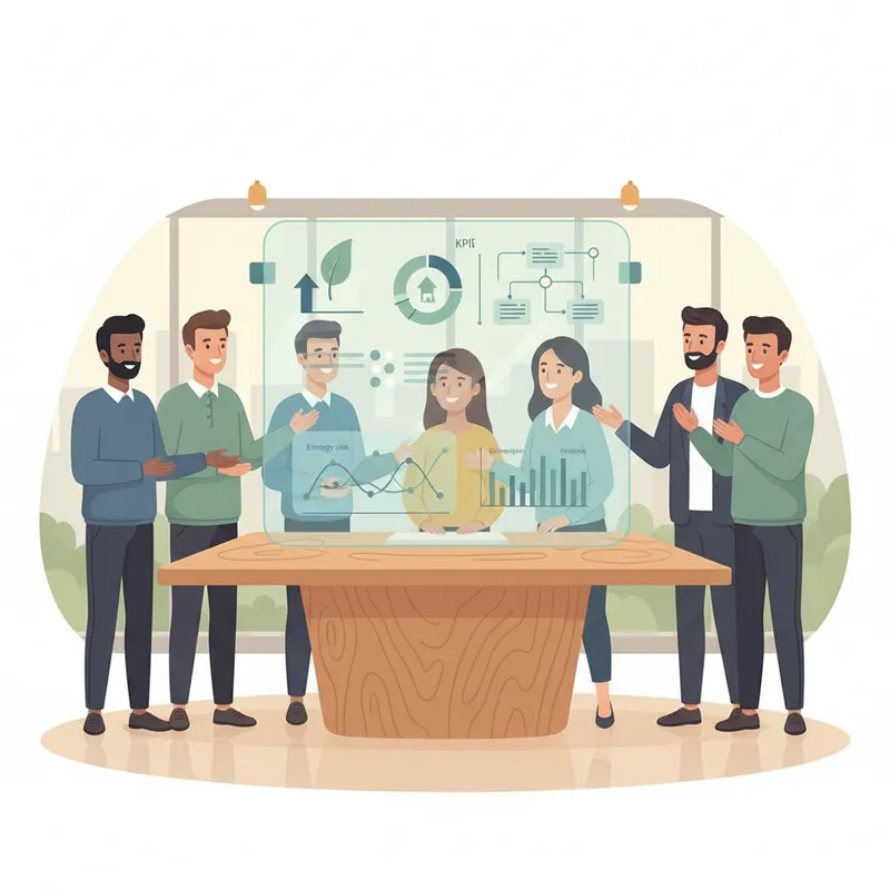 Illustration of a cross functional team reviewing sustainability dashboards