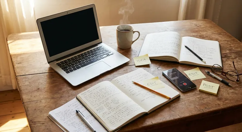 Professional writing at a desk with notebooks and laptop