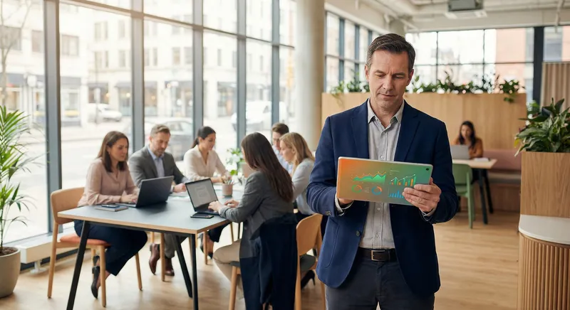 Man analyzing business metrics on tablet in collaborative workspace