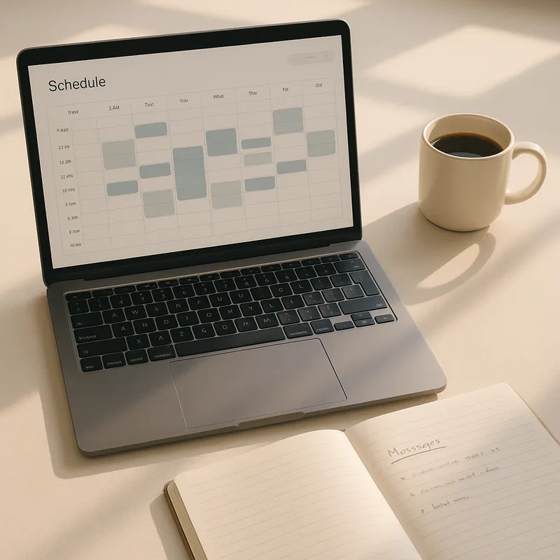 A stylized photo of a laptop showing a scheduling dashboard, a notebook with notes about messages, a coffee cup, soft morning lighting, clean minimalist desk, overhead angle, calm productive mood, photo-realistic style, no logos or text