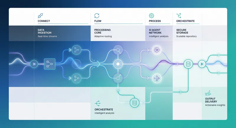 Abstract illustration showing interconnected nodes and data flows in a network pattern