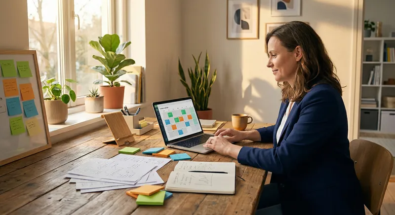 Content creator brainstorming and planning posts with notes and laptop