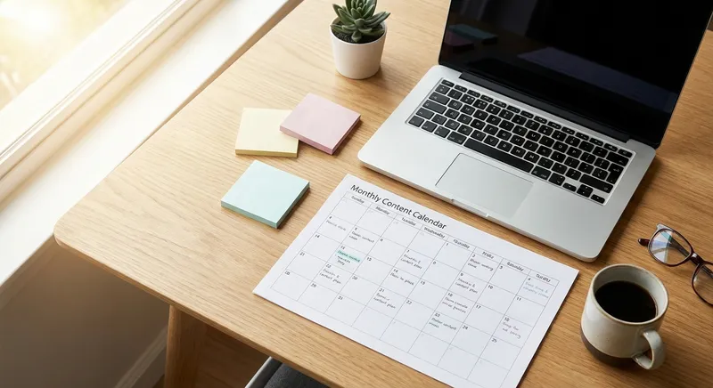 Overhead view of a content calendar on a desk with notes and a coffee cup